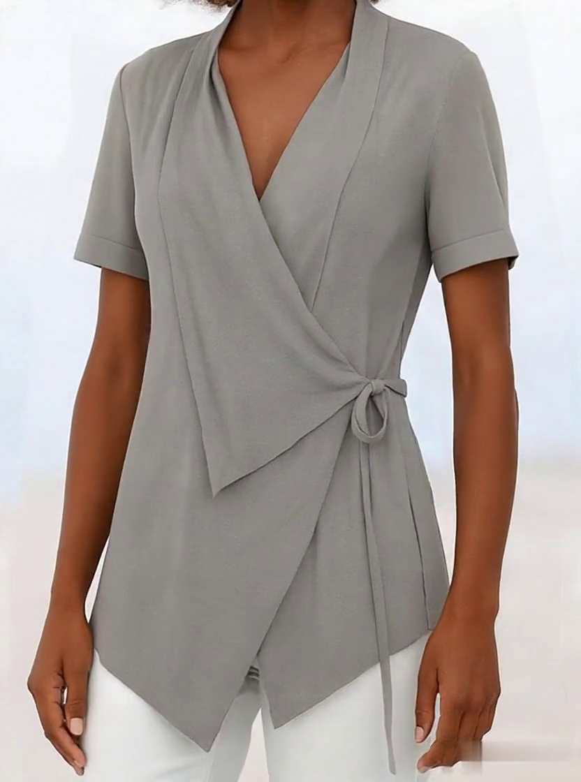Women's Casual Solid Color Lapel Short Sleeve Lace-up Cotton and Linen Top Women's Casual Solid Color Lapel Short Sleeve Lace-up Cotton and Linen Top