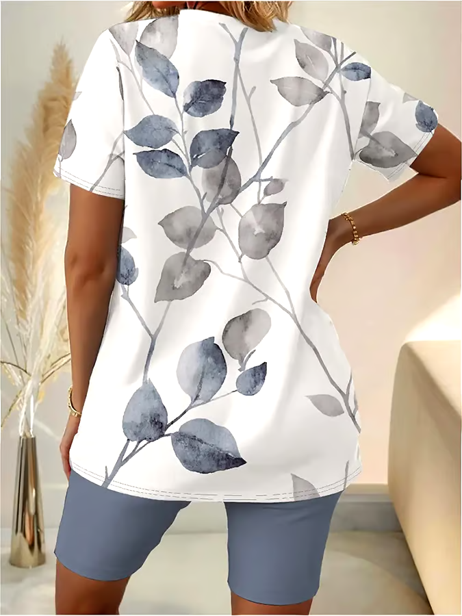 Women's Casual Round Neck Floral Pattern Short Sleeve T-Shirt Shorts Set