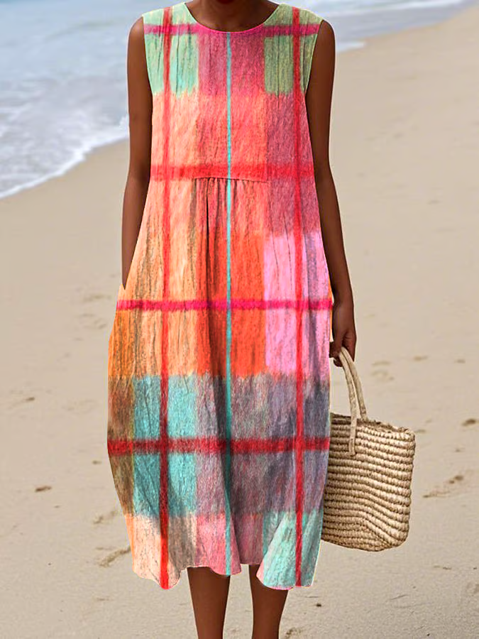 Women's Casual Colorblock Plaid Sleeveless Dress Women's Casual Colorblock Plaid Sleeveless Dress