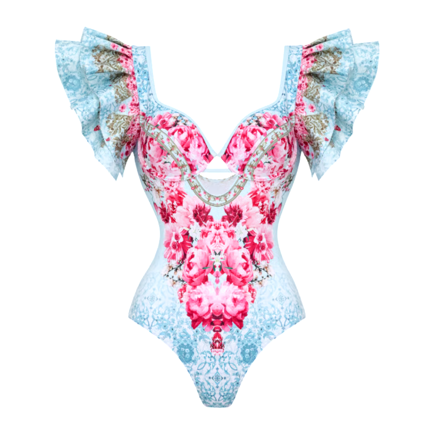 Dbvacay Ruffled Blue  Flowers Print One Piece Swimsuit Set