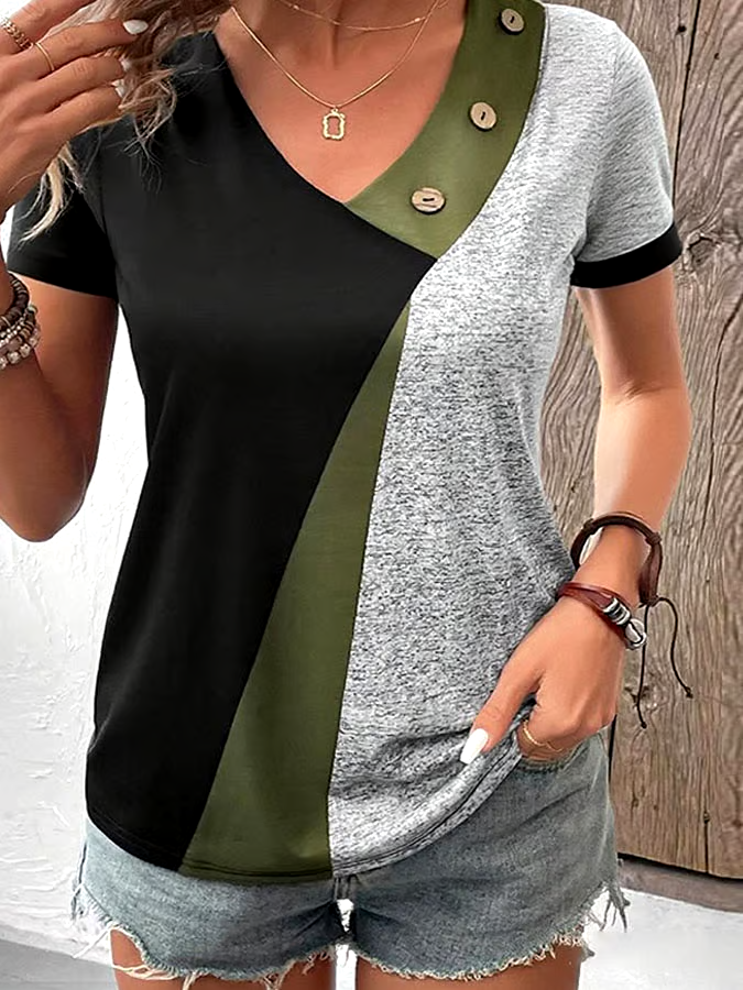 Women's Casual Contrast Color V-Neck Short Sleeve Button Top Women's Casual Contrast Color V-Neck Short Sleeve Button Top