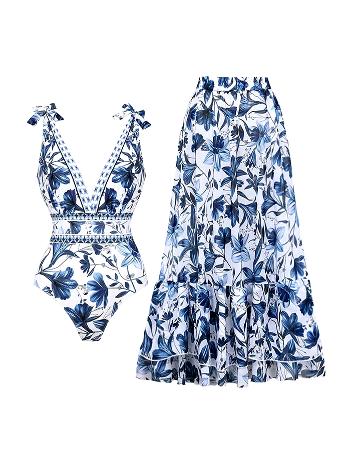 Women'S Floral Print One-Piece Swimsuit And Skirt