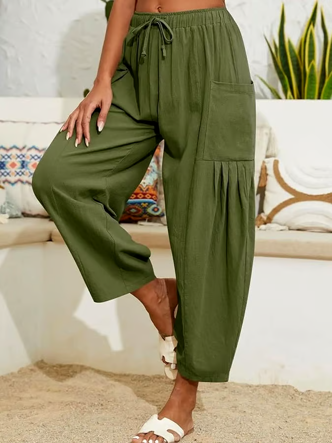 Women's Casual Solid Color Elastic Waist Pleated Cotton and Linen Trousers Women's Casual Solid Color Elastic Waist Pleated Cotton and Linen Trousers