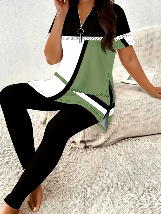 Women'S Casual Color Block Graphic Print Zip-Up Top And Pants Set