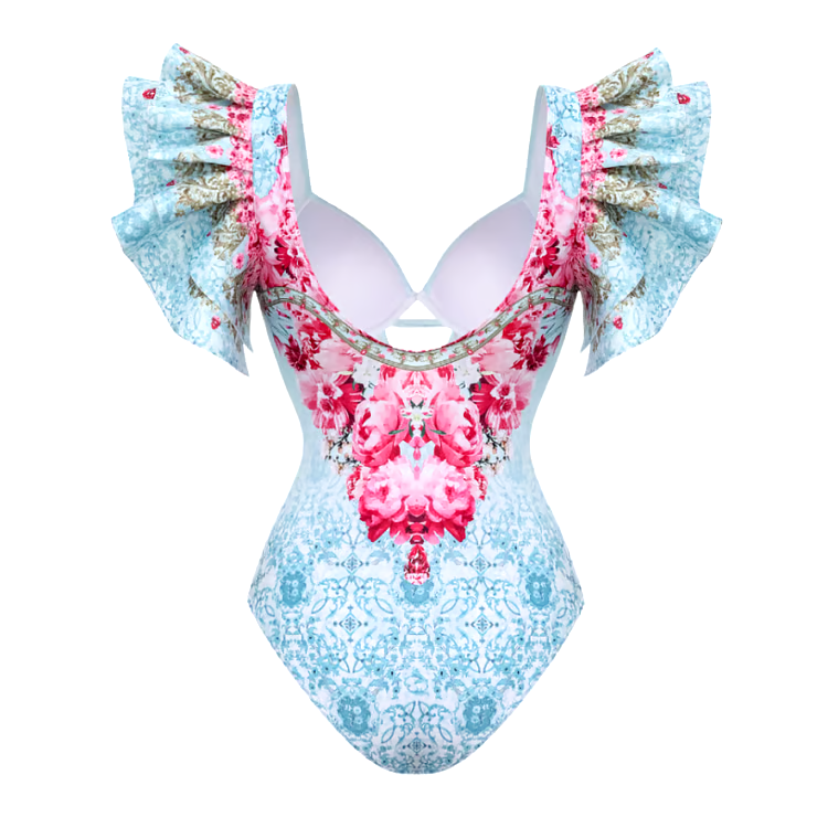 Dbvacay Ruffled Blue  Flowers Print One Piece Swimsuit Set