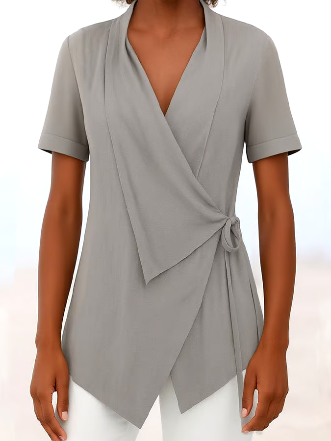 Women's Casual Solid Color Lapel Short Sleeve Lace-up Cotton and Linen Top