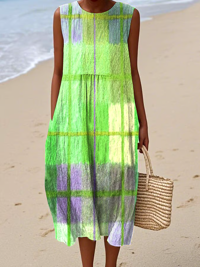 Women's Casual Colorblock Plaid Sleeveless Dress Women's Casual Colorblock Plaid Sleeveless Dress