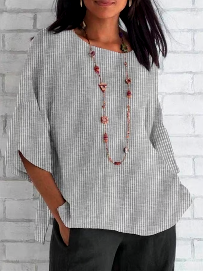 Women's Spring and Summer Round Neck Cotton and Linen Striped Loose Top