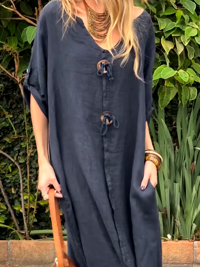 Women's Casual Loose Button Decoration Slant Pocket Cotton and Linen Dress Women's Casual Loose Button Decoration Slant Pocket Cotton and Linen Dress