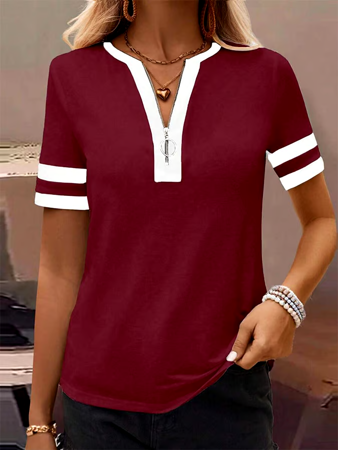 Women's Spring and Summer Solid Color Casual Splicing Zipper Top