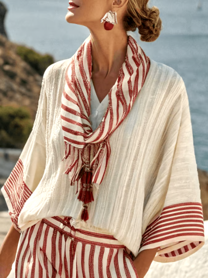 Women'S Loose Striped Scarf Holiday Shorts Set