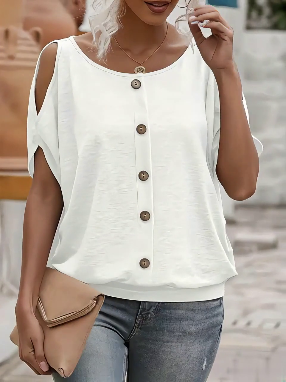 Women's Casual Solid Color Off Shoulder Button T-Shirt Women's Casual Solid Color Off Shoulder Button T-Shirt