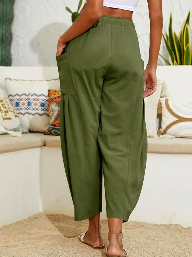 Women's Casual Solid Color Elastic Waist Pleated Cotton and Linen Trousers Women's Casual Solid Color Elastic Waist Pleated Cotton and Linen Trousers