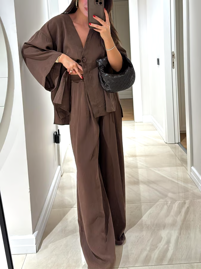 Women's Casual Solid Color Cotton and Linen Top and Pants Set