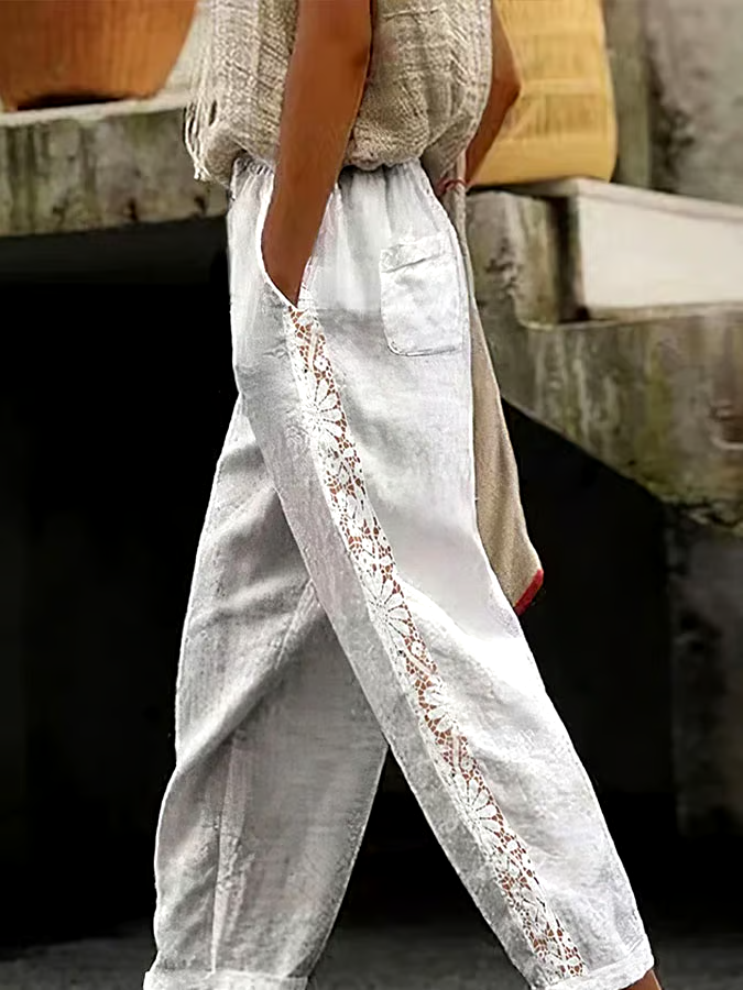 Women's Casual Solid Color Elastic Waist Lace Cotton and Linen Trousers