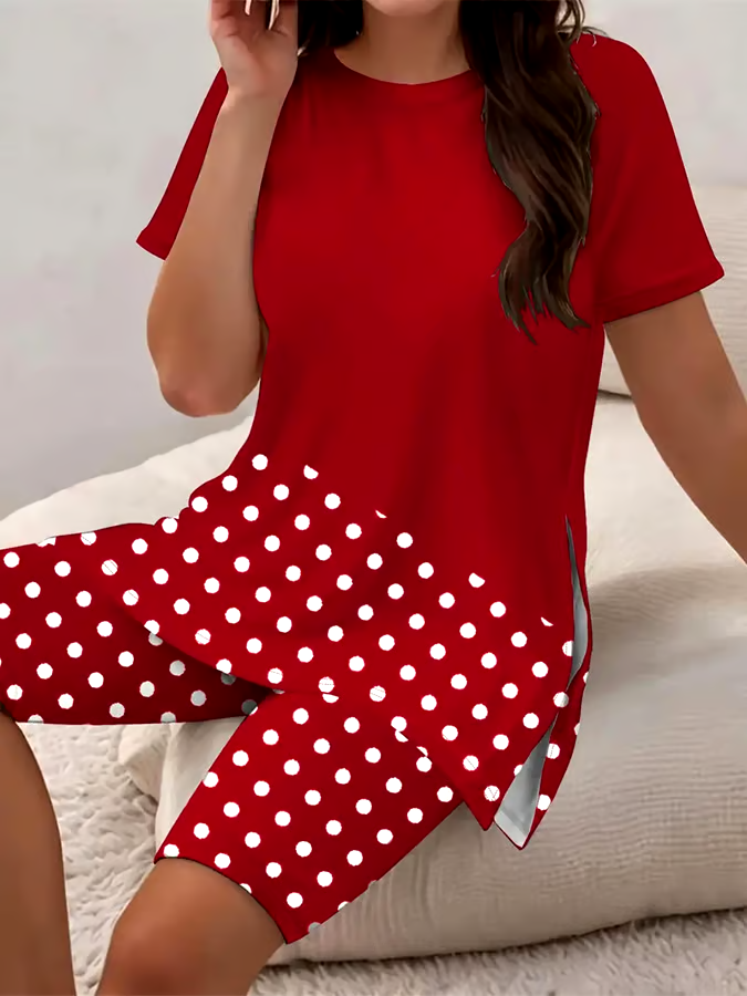 Women's Casual Round Neck Polka Dot Printed Short Sleeve T-Shirt Shorts Set