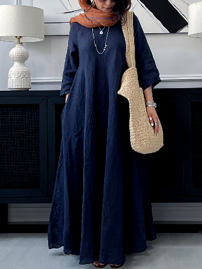 Women's Casual Solid Color V-Neck Long Sleeve Cotton and Linen Dress