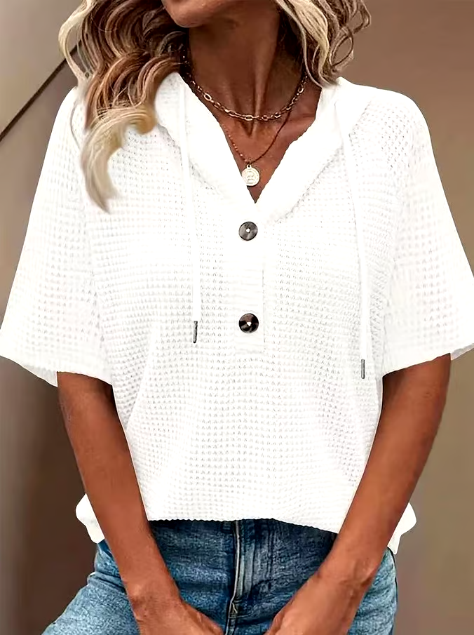 Women's Casual Solid Color Hooded Half-Button Waffle Top