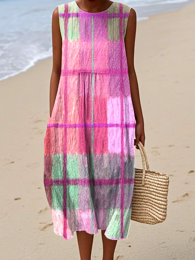 Women's Casual Colorblock Plaid Sleeveless Dress Women's Casual Colorblock Plaid Sleeveless Dress