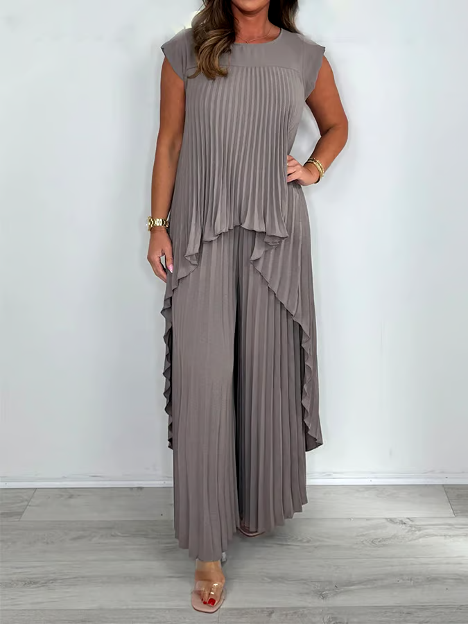 Women'S Solid Color Round Neck Pleated Top Straight Trousers Two-Piece Set