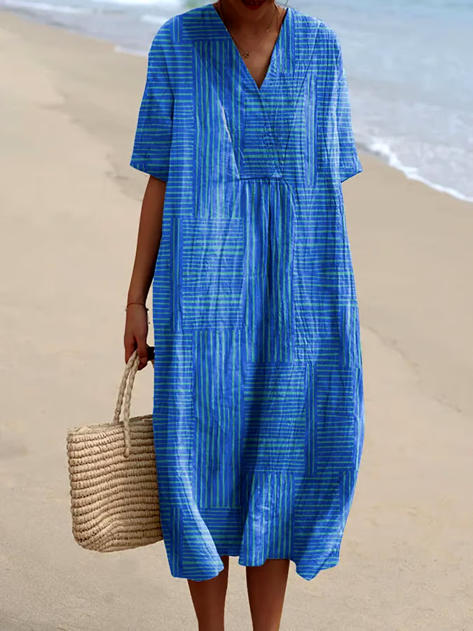 Women's casual cotton and linen printed dress