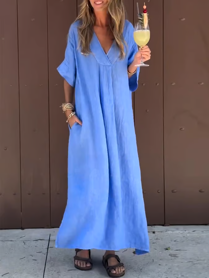 Women'S Casual Solid Color Short-Sleeved V-Neck Cotton And Linen Dress Women'S Casual Solid Color Short-Sleeved V-Neck Cotton And Linen Dress