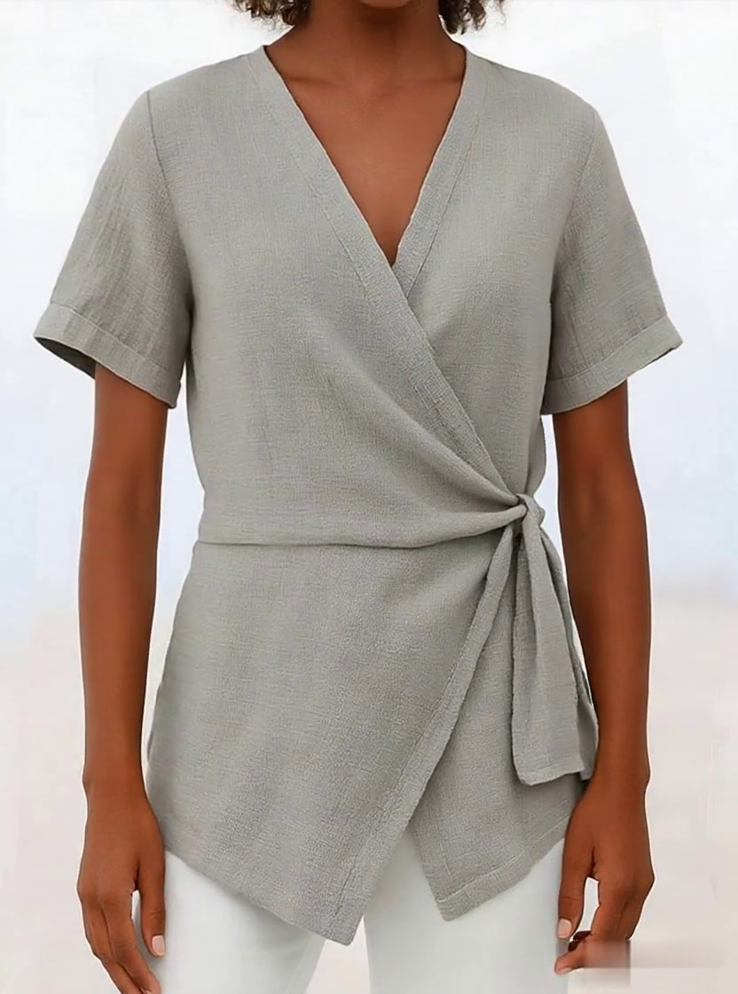 Women's Casual Solid Color V Neck Short Sleeve Lace-up Cotton and Linen Top Women's Casual Solid Color V Neck Short Sleeve Lace-up Cotton and Linen Top