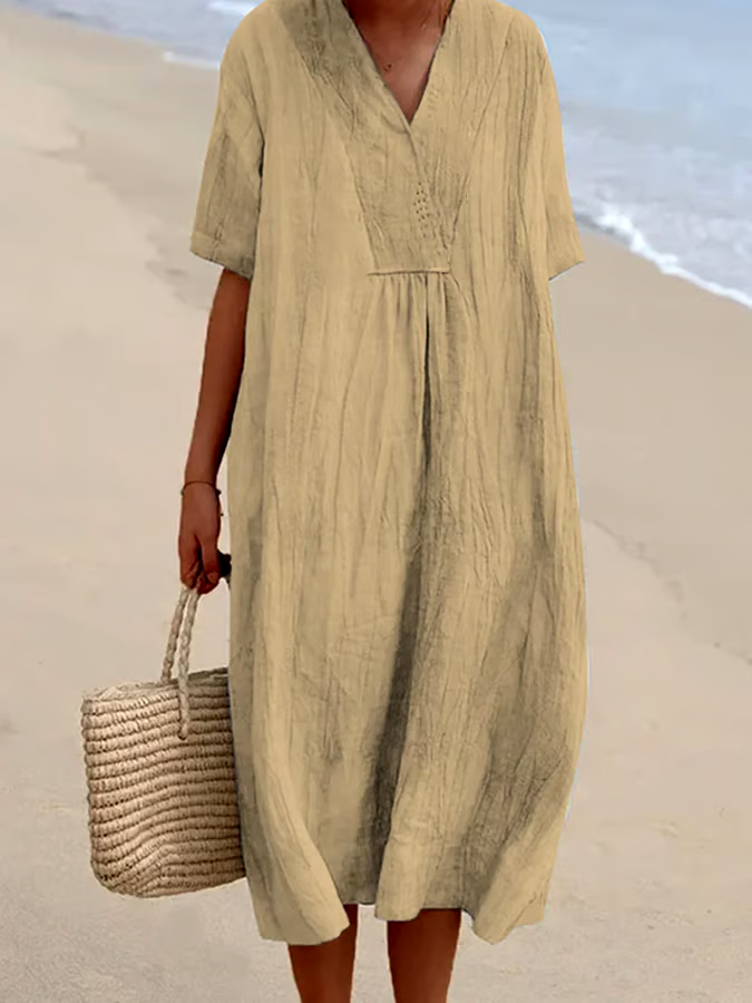 Loose Short Sleeved Solid V-Neck Dress
