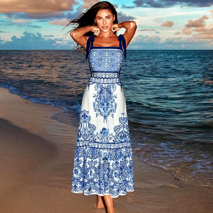Blue And White Porcelain One Piece Swimsuit Set