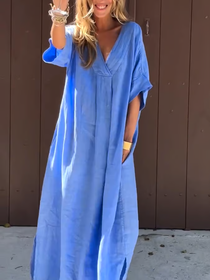 Women'S Casual Solid Color Short-Sleeved V-Neck Cotton And Linen Dress Women'S Casual Solid Color Short-Sleeved V-Neck Cotton And Linen Dress