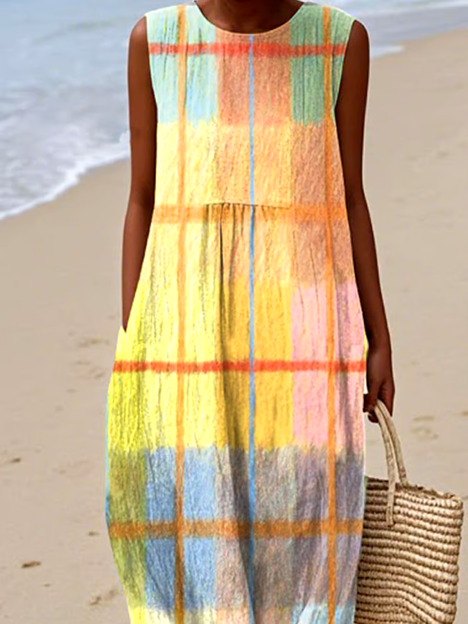 Women's Casual Colorblock Plaid Sleeveless Dress Women's Casual Colorblock Plaid Sleeveless Dress