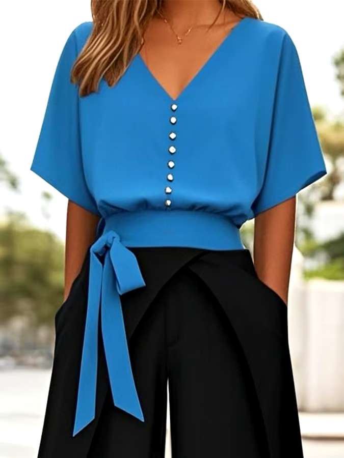 Women's Casual V-Neck Button Contrast Color Two-Piece Set
