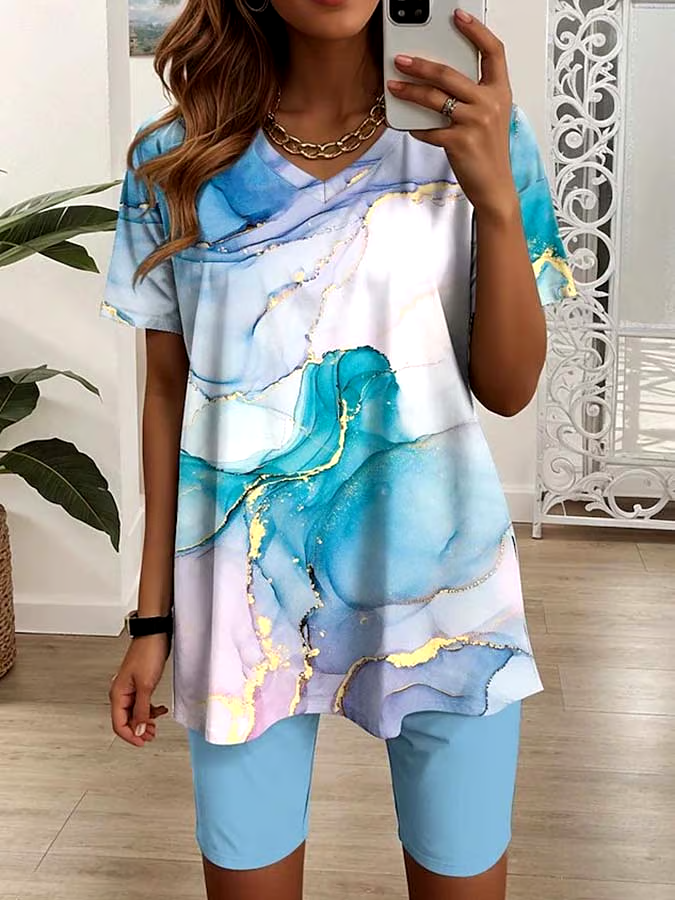 Women'S Loose Printed V-Neck Top And Shorts Set Women'S Loose Printed V-Neck Top And Shorts Set