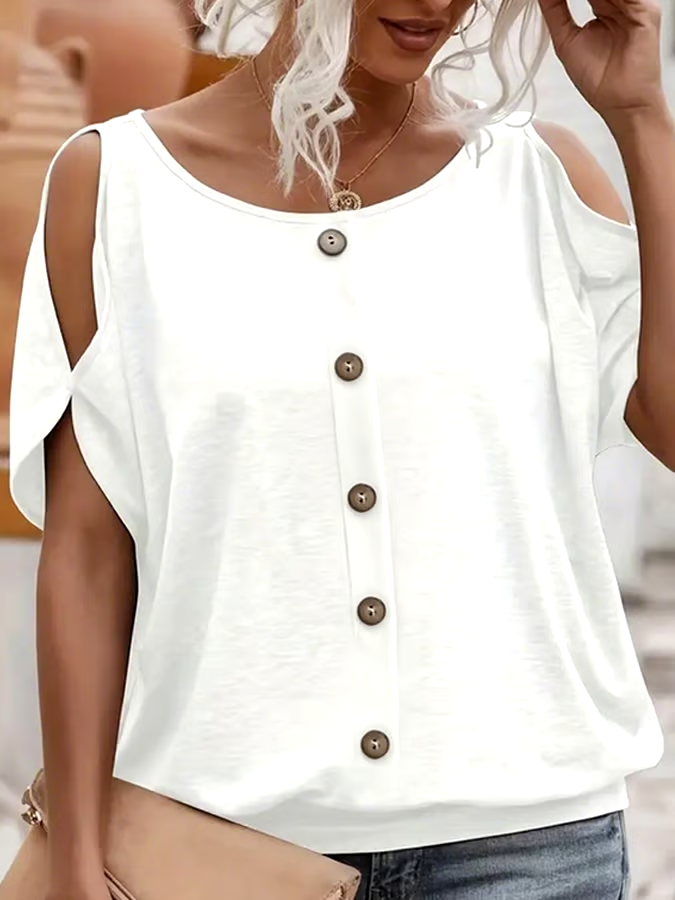 Women's Casual Solid Color Off Shoulder Button T-Shirt Women's Casual Solid Color Off Shoulder Button T-Shirt