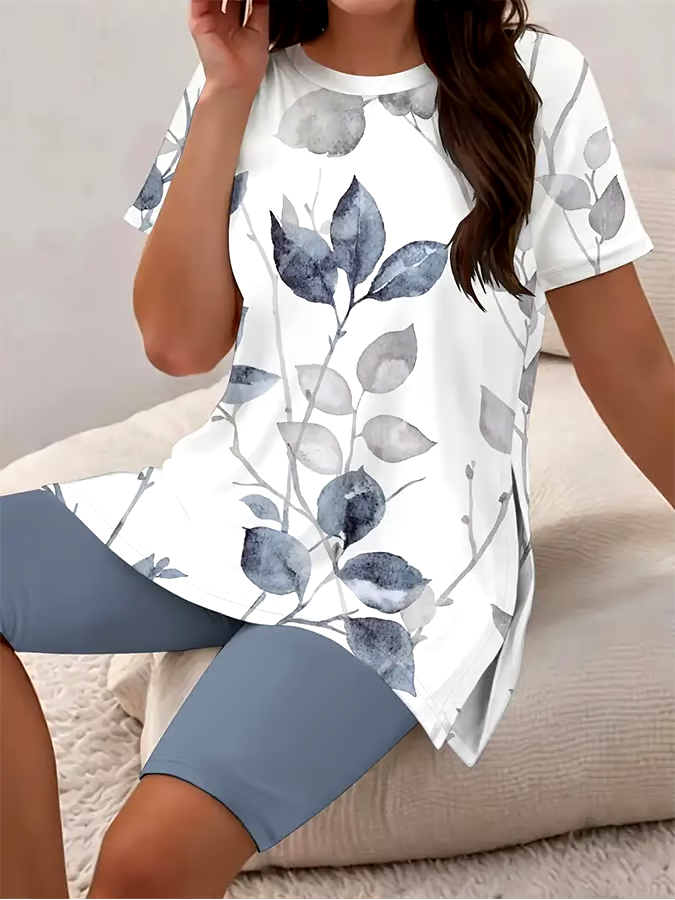 Women's Casual Round Neck Floral Pattern Short Sleeve T-Shirt Shorts Set