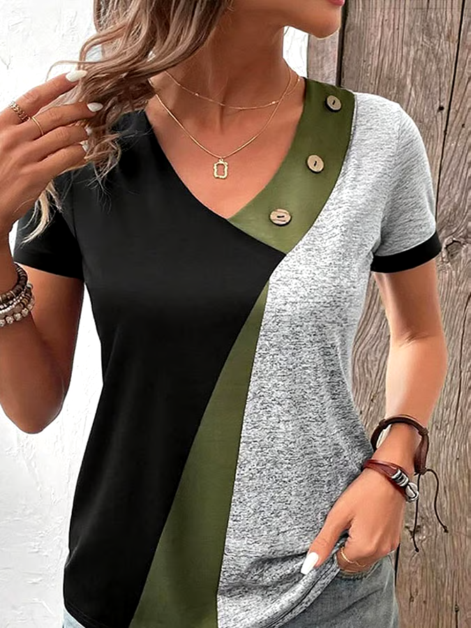 Women's Casual Contrast Color V-Neck Short Sleeve Button Top Women's Casual Contrast Color V-Neck Short Sleeve Button Top