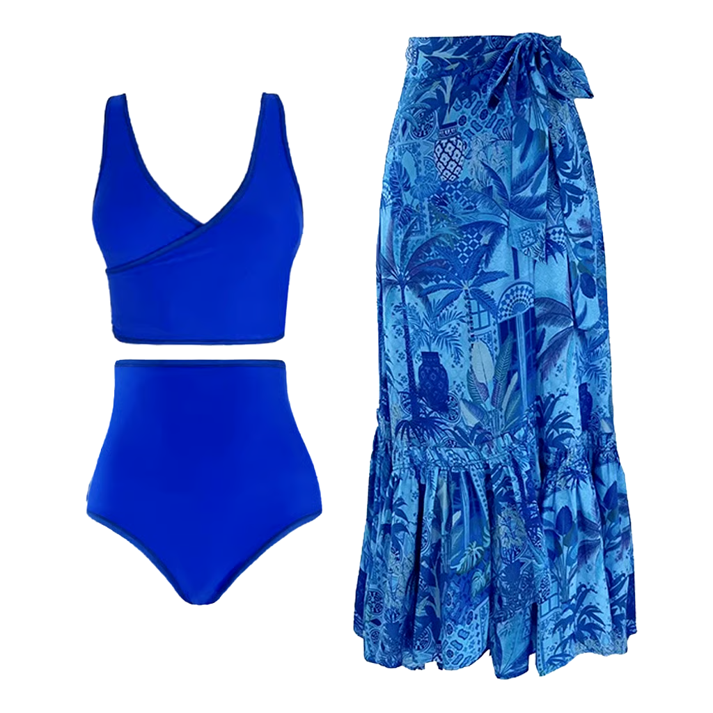 Blue Reversible High Waist Bikini And Sarong Swimsuit Set Blue Reversible High Waist Bikini And Sarong Swimsuit Set