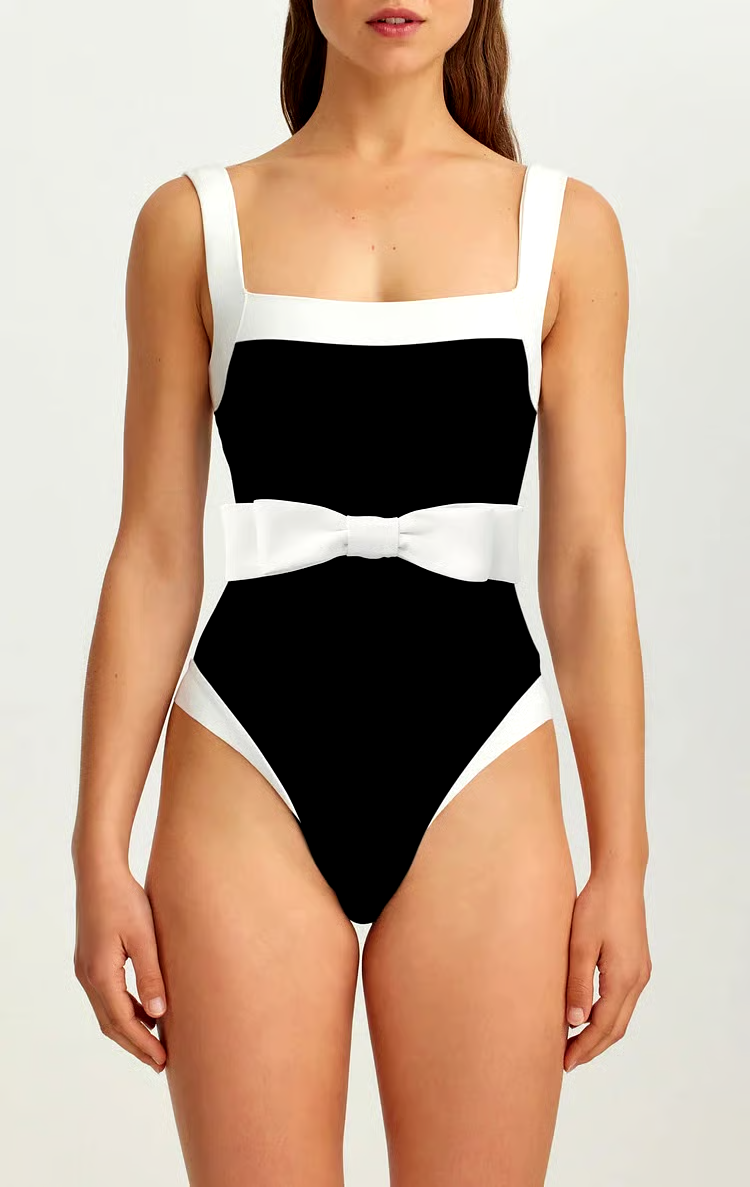 Bowknot Decor Color Block One Piece  Swimsuit Set