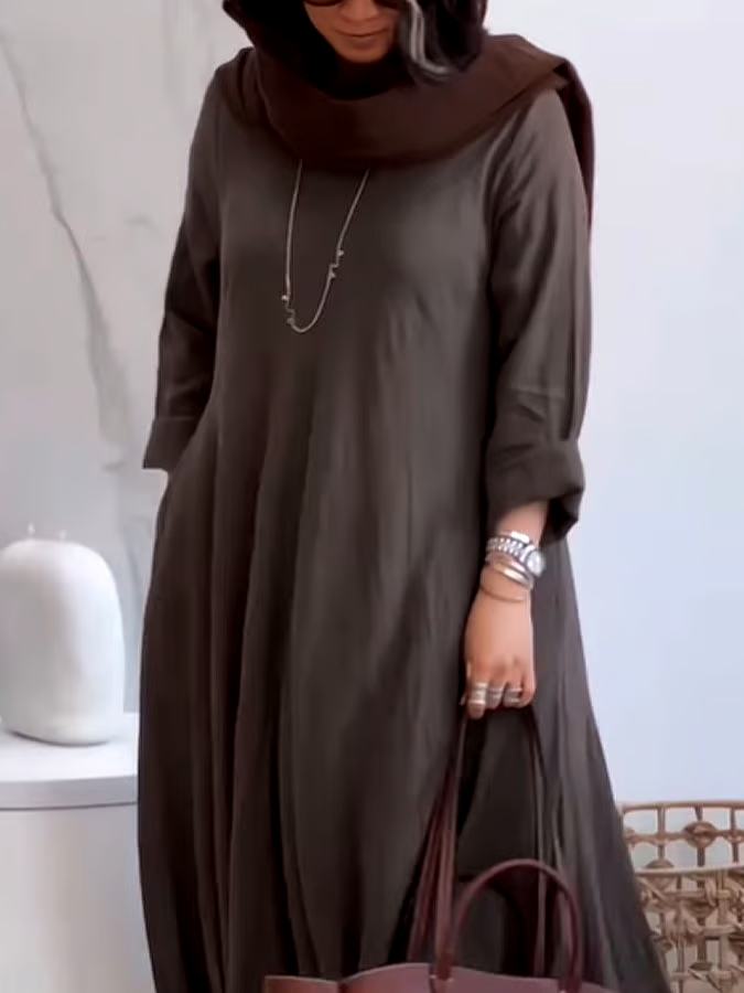 Women's Casual Solid Color V-Neck Long Sleeve Cotton and Linen Dress