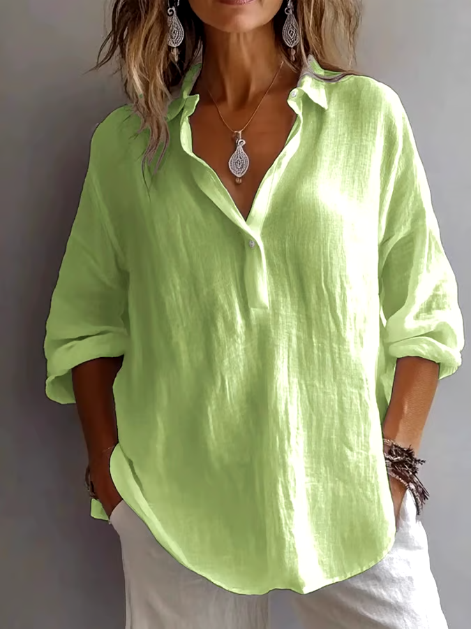 Women's Casual Solid Color Loose Long Sleeve Linen Lapel Shirt