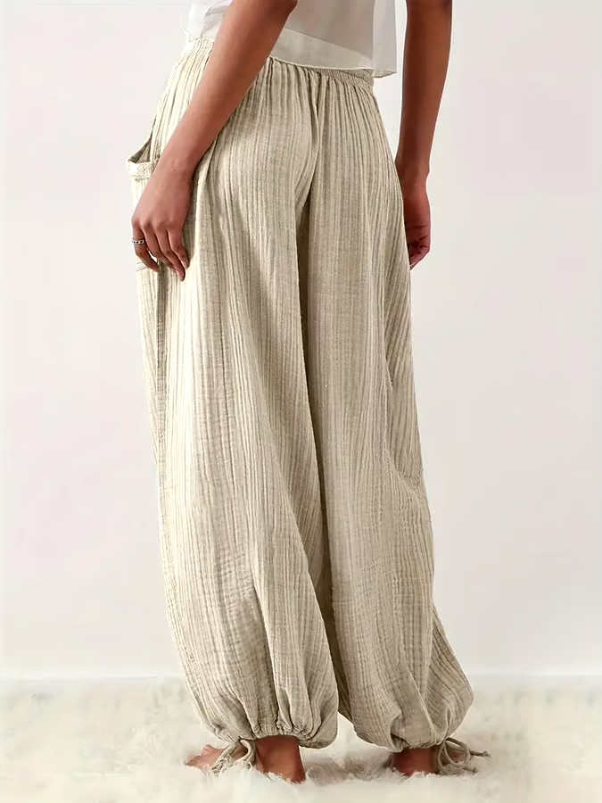 Women'S Solid Color Loose Cotton And Linen Lace-Up Casual Pants