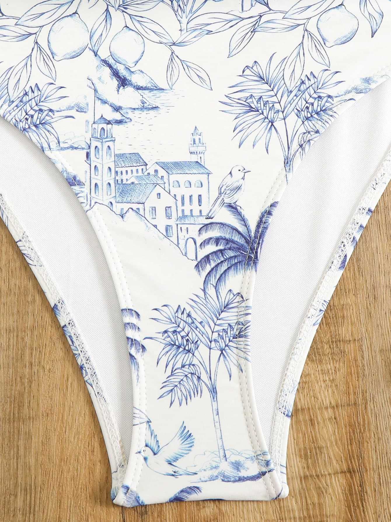 Hollowout Print Two Piece Swimsuit Set