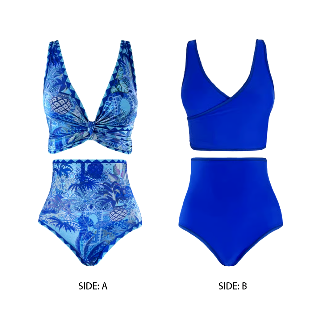 Blue Reversible High Waist Bikini And Sarong Swimsuit Set Blue Reversible High Waist Bikini And Sarong Swimsuit Set