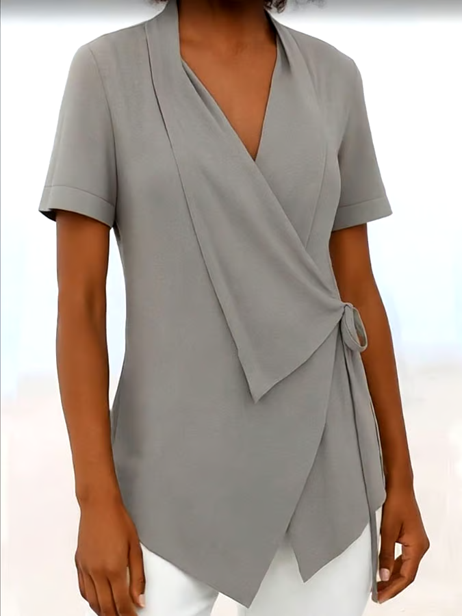 Women's Casual Solid Color Lapel Short Sleeve Lace-up Cotton and Linen Top Women's Casual Solid Color Lapel Short Sleeve Lace-up Cotton and Linen Top