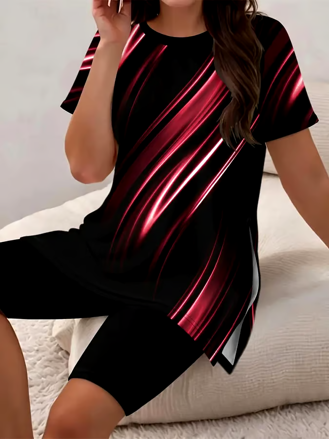 Women'S Casual Round Neck Gradient Print Short-Sleeved T-Shirt Shorts Set