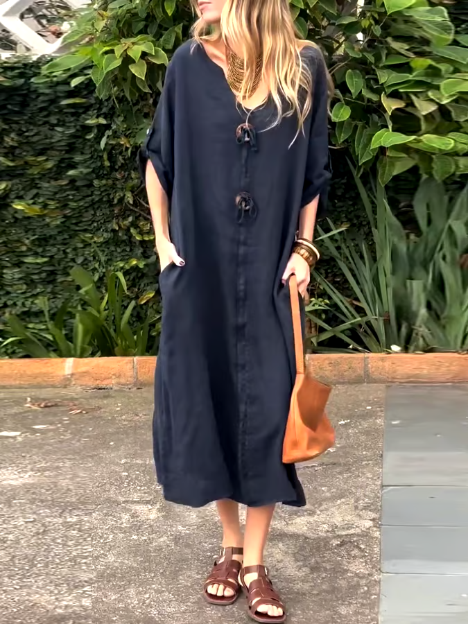 Women's Casual Loose Button Decoration Slant Pocket Cotton and Linen Dress Women's Casual Loose Button Decoration Slant Pocket Cotton and Linen Dress