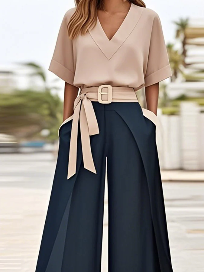 Women'S Casual V-Neck Contrast Color Two-Piece Suit