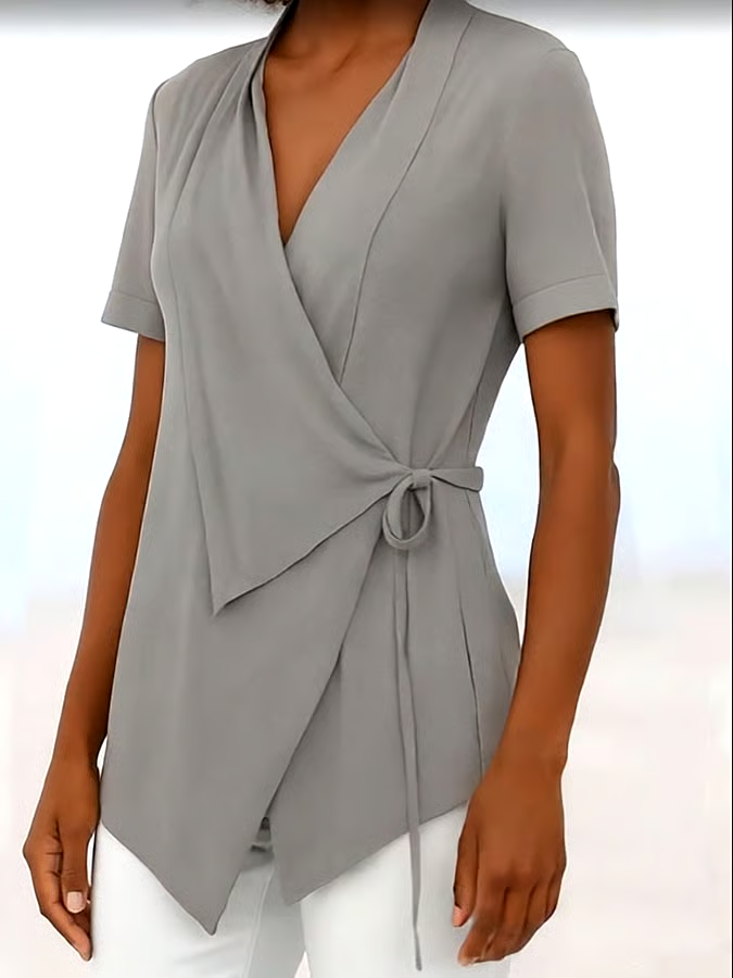 Women's Casual Solid Color Lapel Short Sleeve Lace-up Cotton and Linen Top Women's Casual Solid Color Lapel Short Sleeve Lace-up Cotton and Linen Top